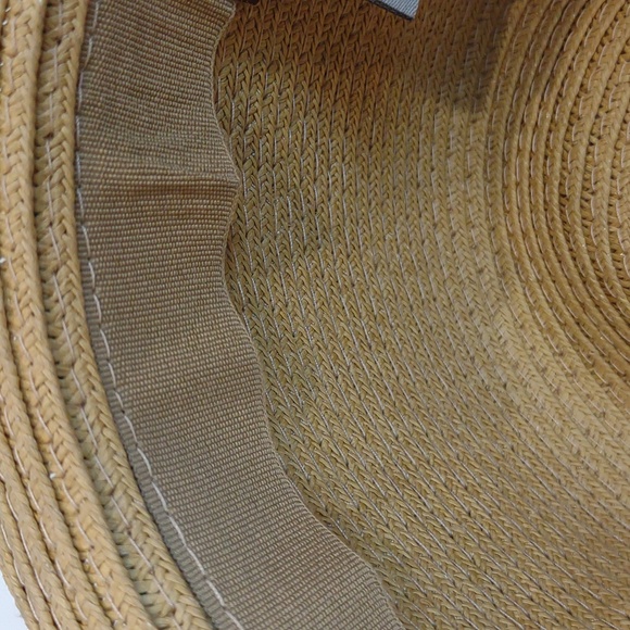 Charming Charlie Women's Tan Paper Straw Woven Fedora With Turquoise Bow Band - Picture 5 of 13